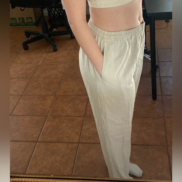 Cream oat linen silk straight leg flowy pants M/L - Picture 4 of 4
